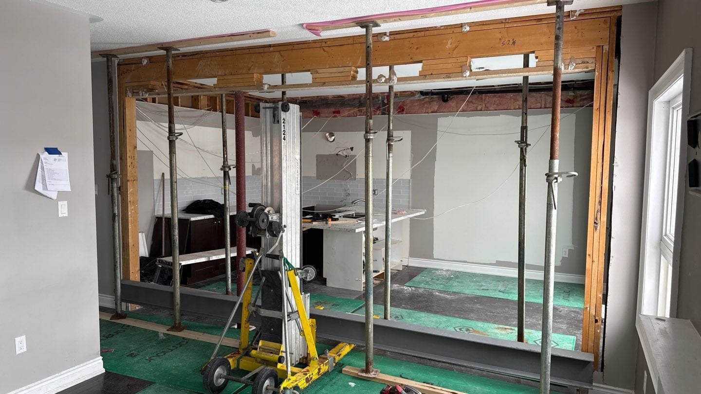 Temporary shoring during a load-bearing wall assessment in Durham Region