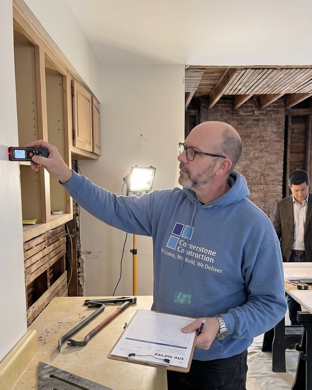Mike Brock measuring a home during the design consultation