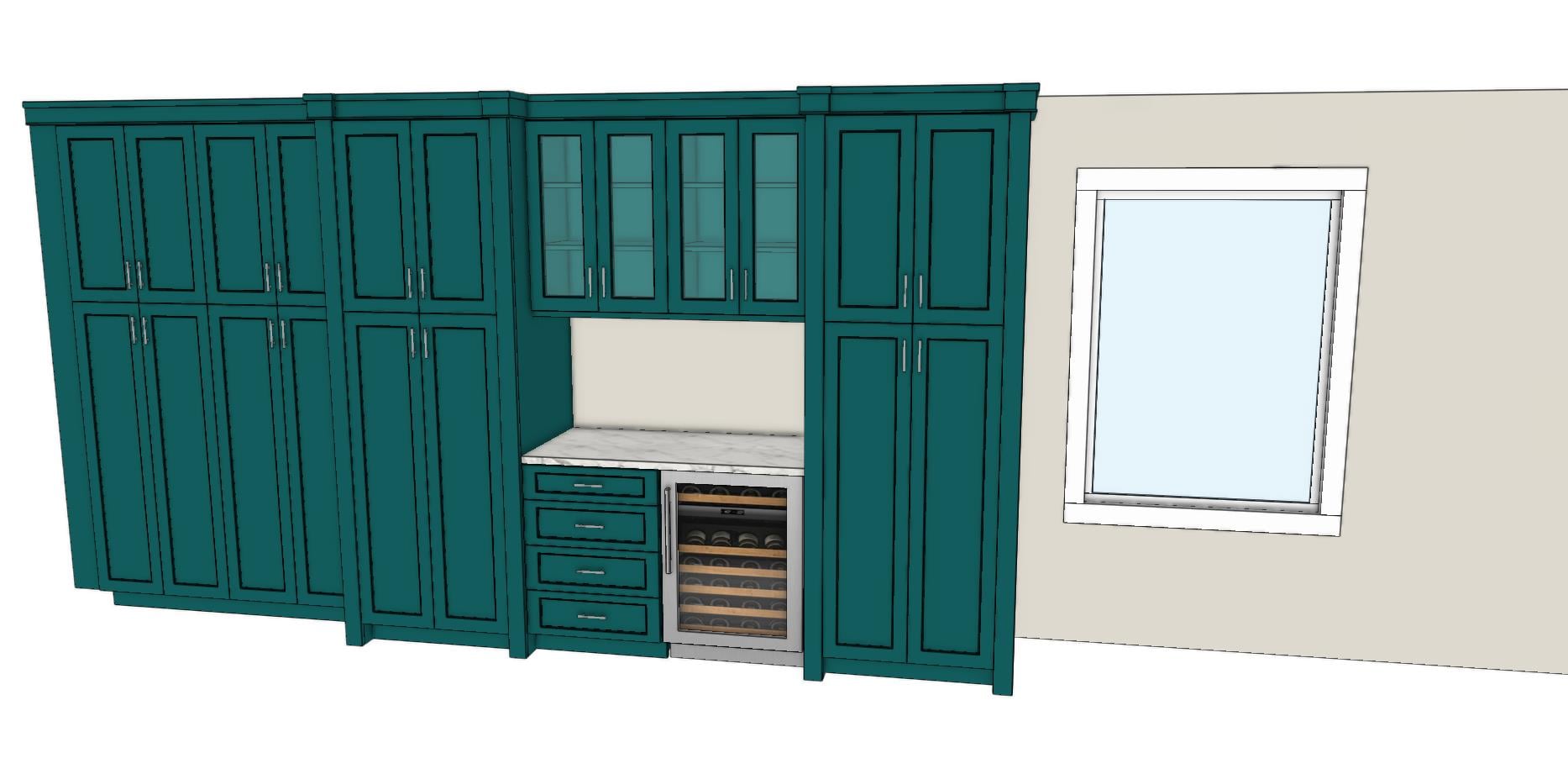 Pantry wall design with bar area and glass-door uppers