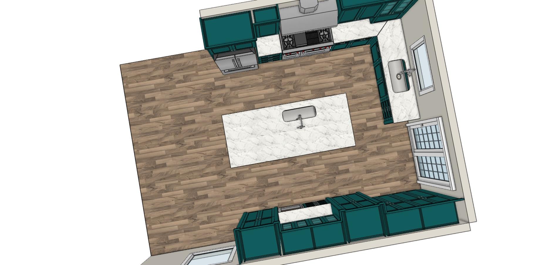 Kitchen layout plan showing the new window and fridge wall positions