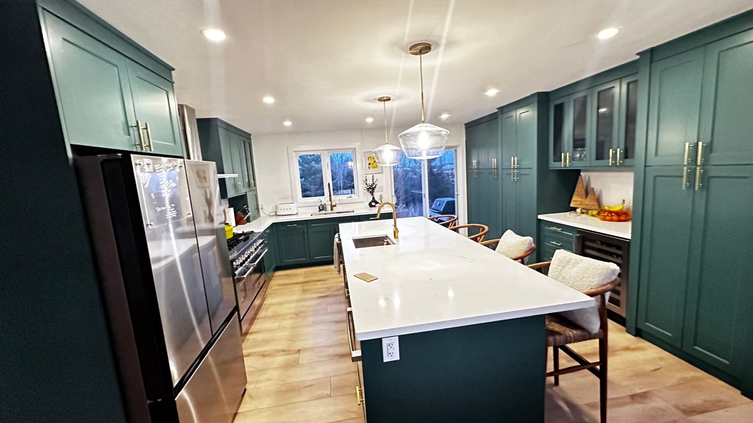 Completed emerald and gold custom kitchen, North Oshawa