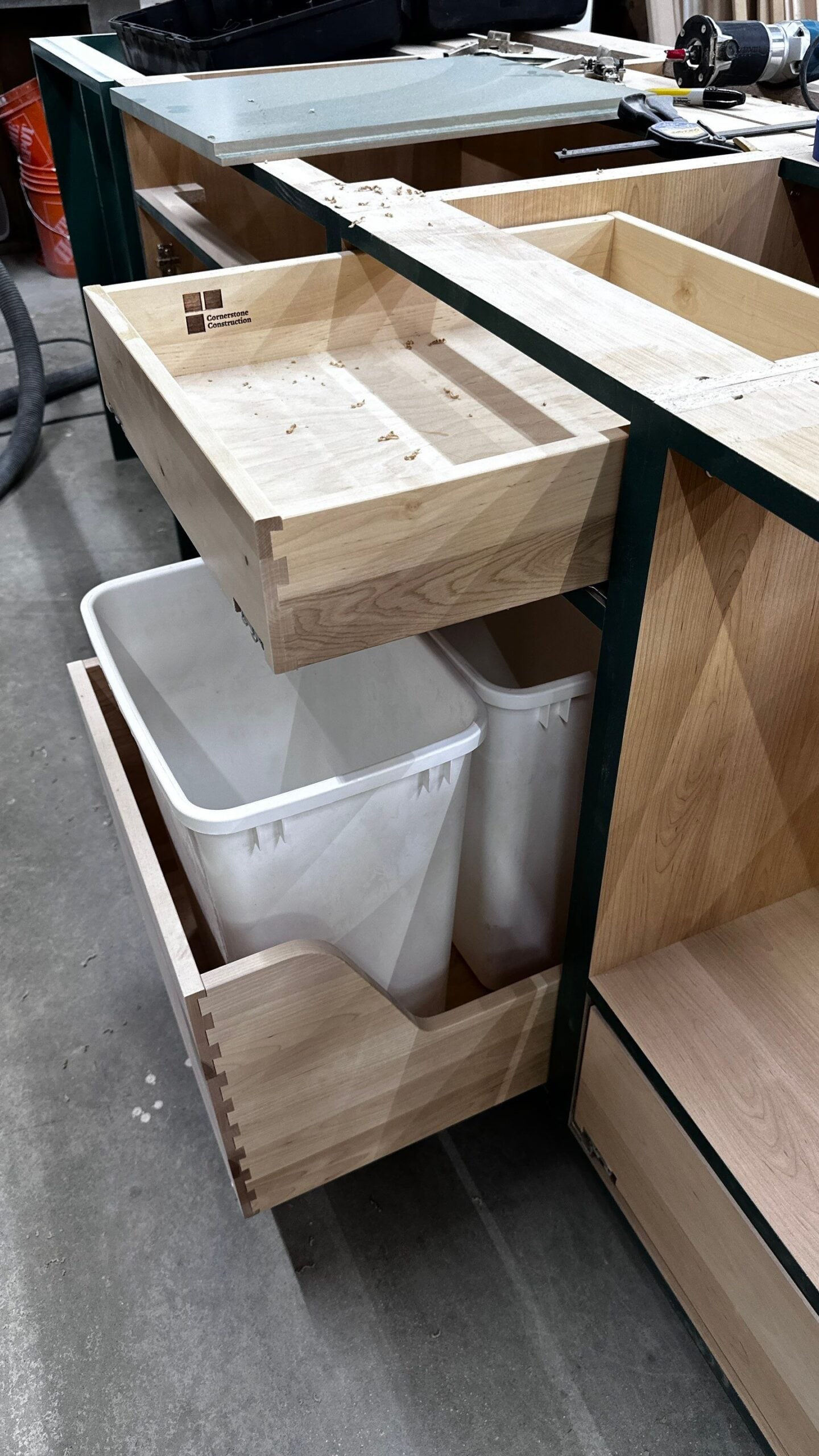 Dovetail drawer boxes being assembled