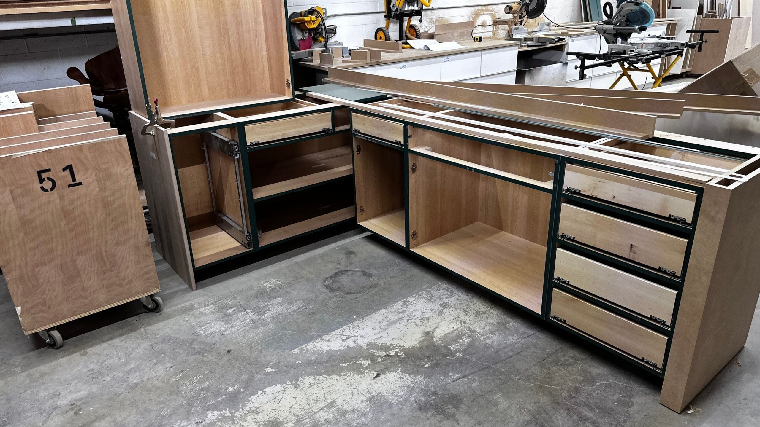 Emerald painted cabinet components
