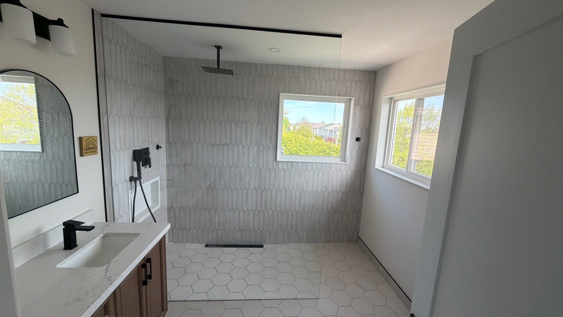 Finished walk-in shower after a tub-to-shower conversion in Bowmanville by Cornerstone Construction