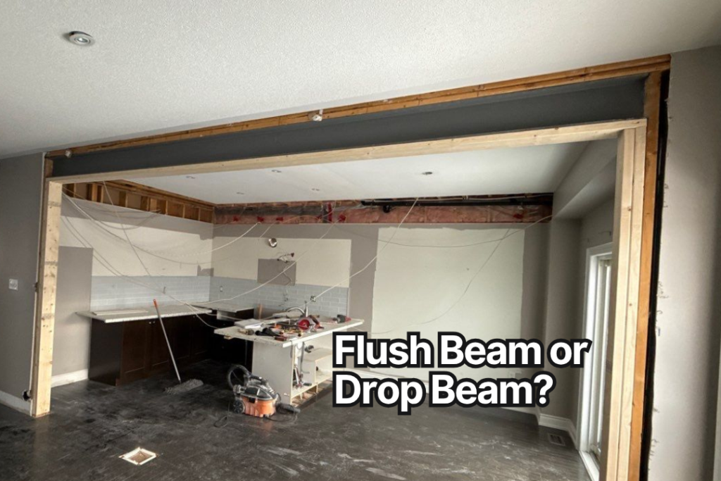 A structural beam installed where a load-bearing wall was removed to open up a main floor