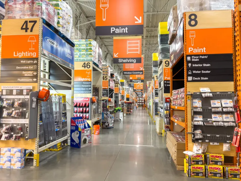 Hardware store aisles of paint, lighting, and building supplies — where a contractor sources materials for a renovation
