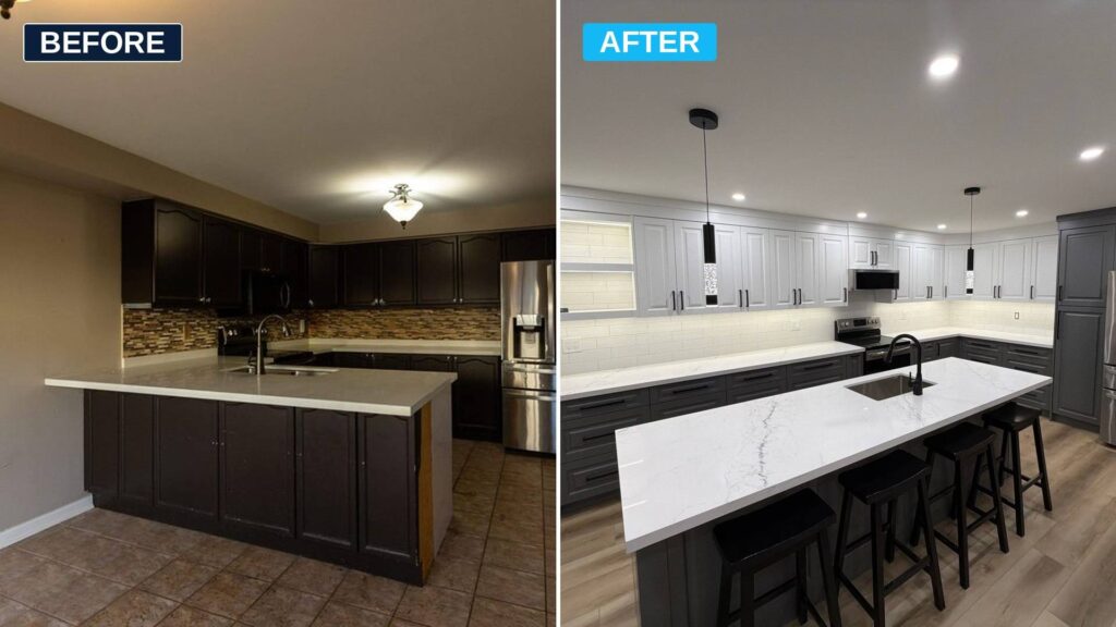 Before and after kitchen renovation in Durham Region showing a dated kitchen transformed with a white quartz island and dark cabinets