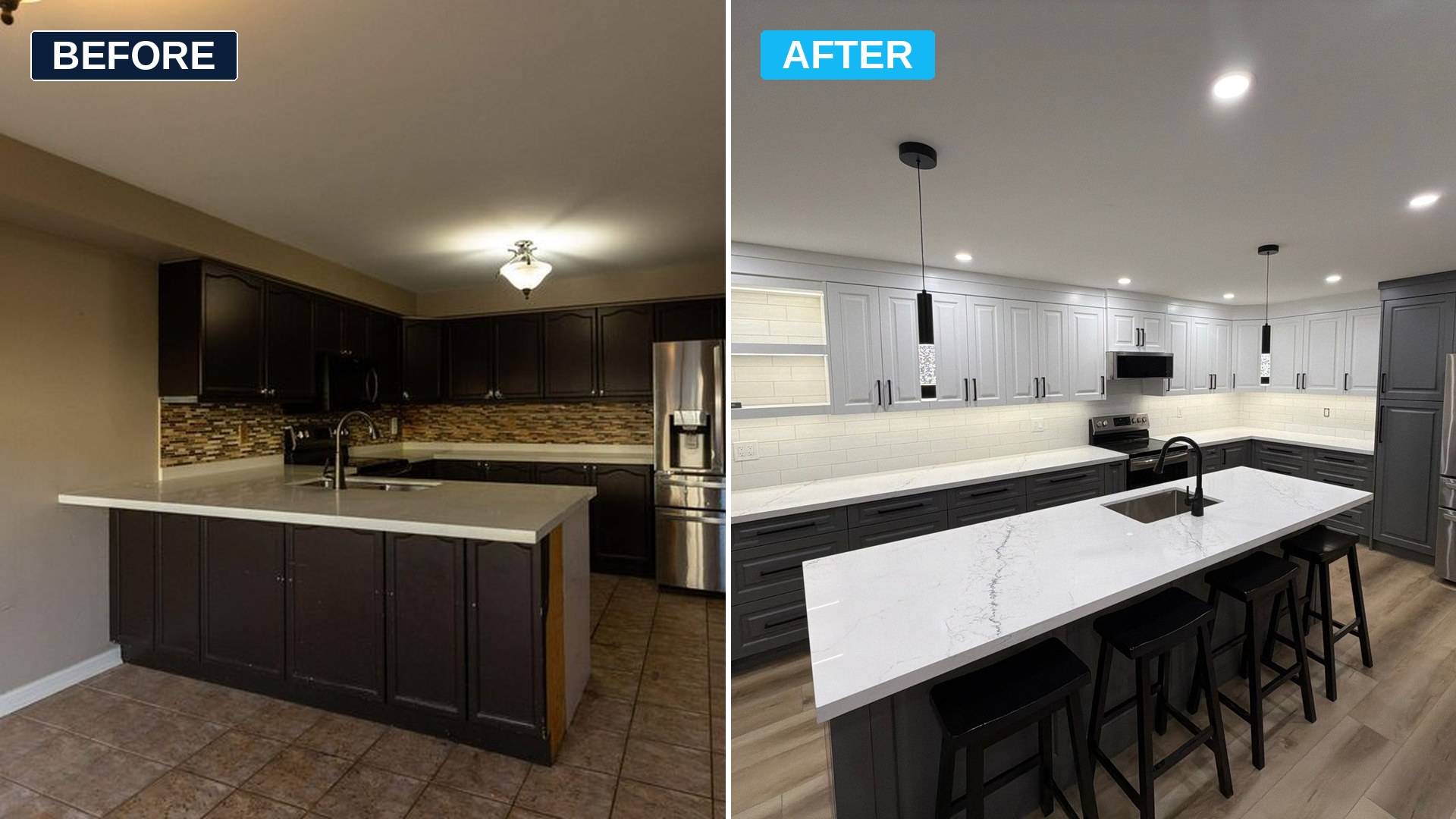 Before and after of a kitchen renovation by Cornerstone Construction in Durham Region — a dark dated kitchen transformed into a bright modern kitchen with a white quartz island