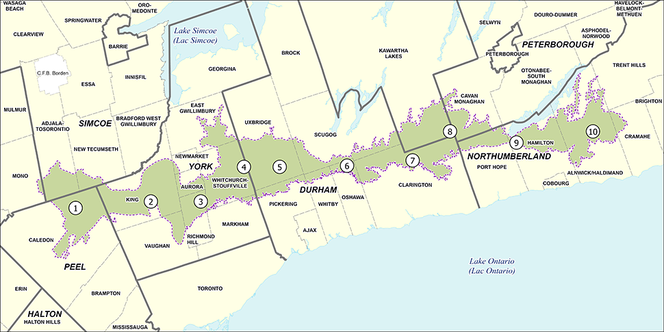 Oak Ridges Moraine boundary running through Uxbridge and Durham Region