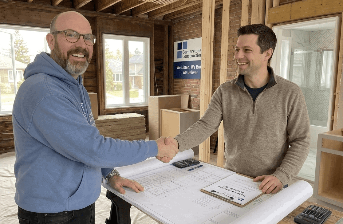Mike Brock, owner of Cornerstone Construction, shaking hands with a homeowner on a renovation site in Durham Region