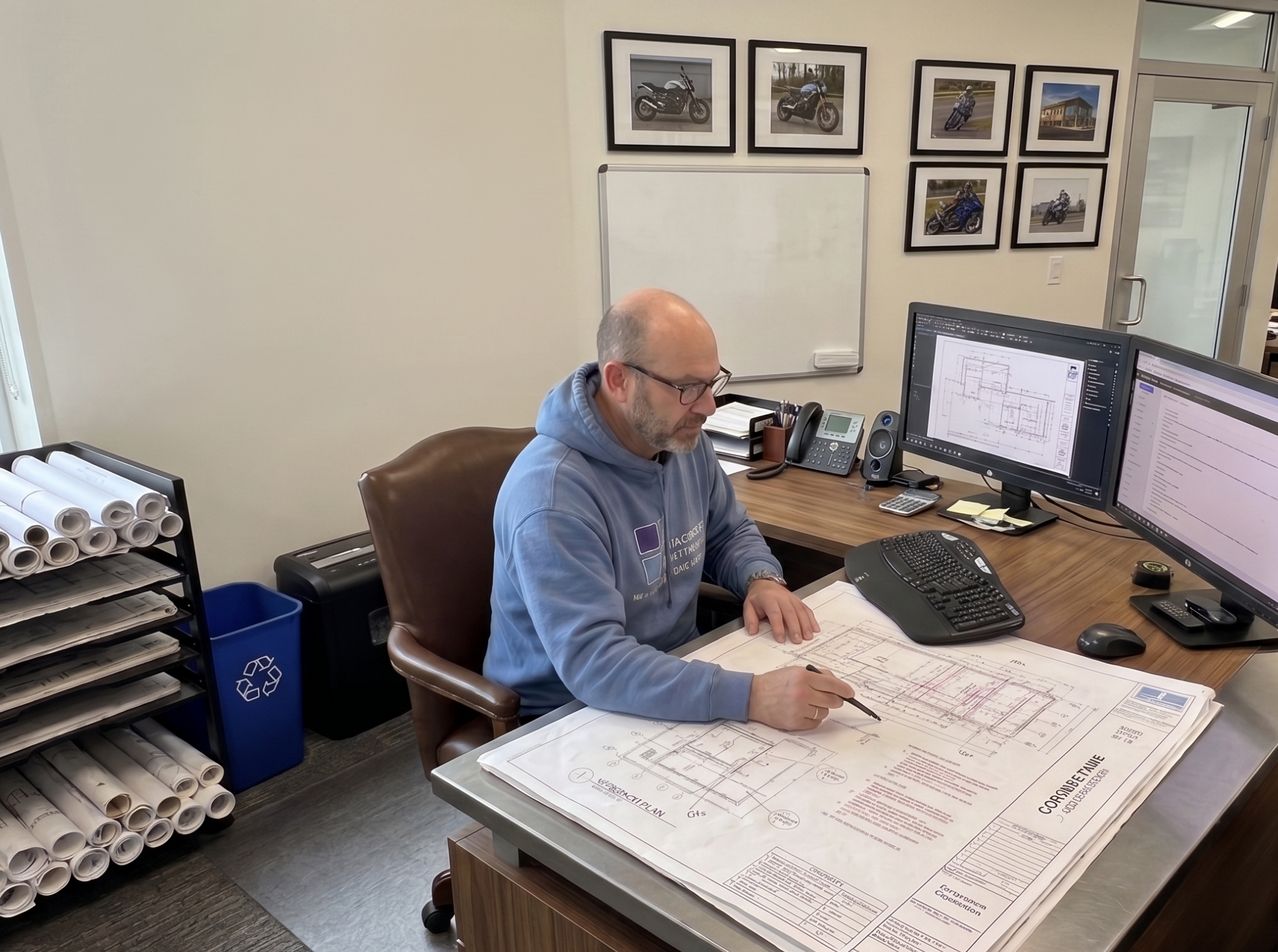 Mike Brock of Cornerstone Construction reviewing renovation plans and a project schedule — why renovation schedules change